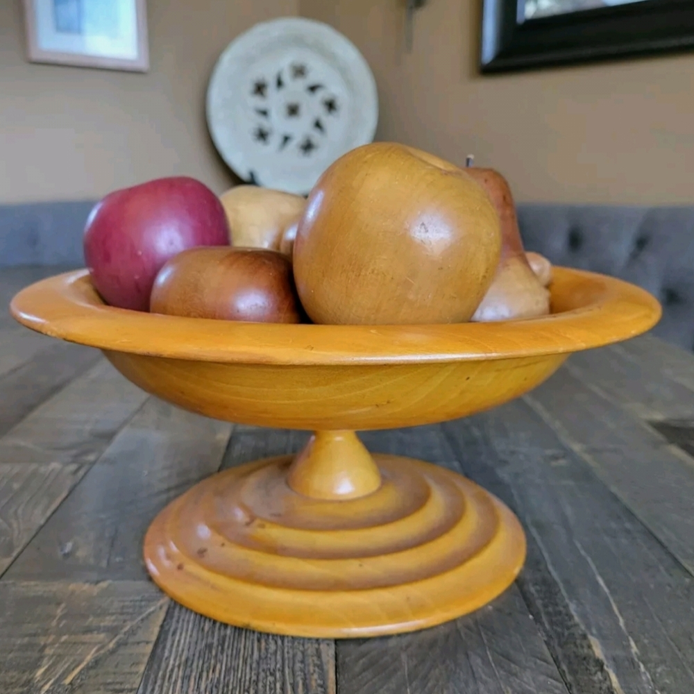 Vintage Wooden Fruit and Bowl Mid Century Modern Decor Wood Apple Pear Nuts MCM